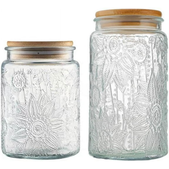 Vintage Glass Jar, Airtight Glass Storage Jar with Bamboo Lid Glass Food Storage Containers for Kitchen Counter, Pantry, Decorative Jar for Coffee, Tea, Sugar, Candy Jar Cute Jar