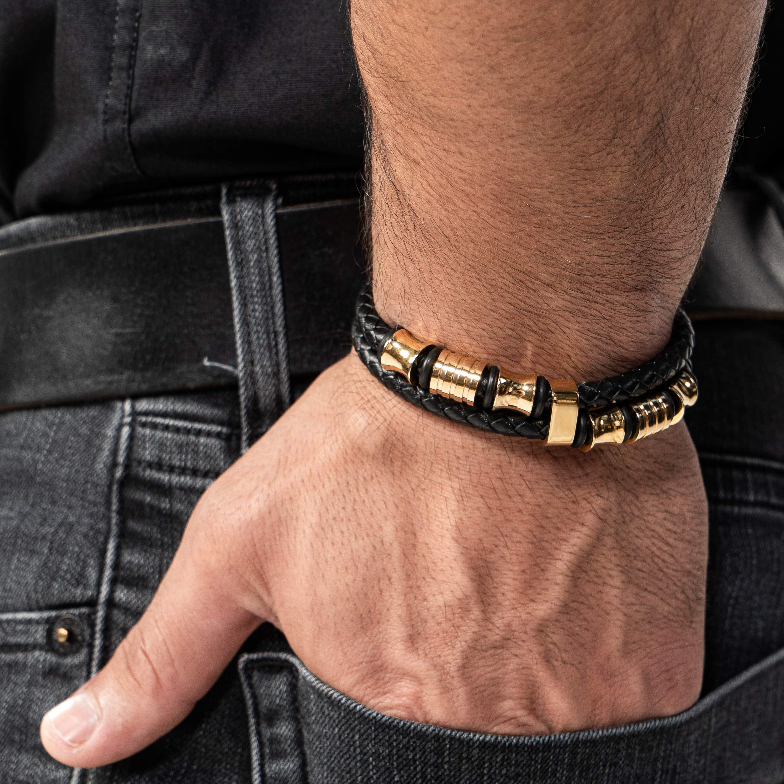 SERASAR Men's Premium Leather Bracelet "Spirit" with stainless steel magnetic closure, Gold 23cm, including gift box