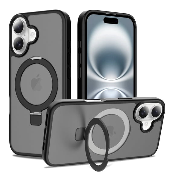 for iPhone 16 Case with Stand, Compatible with MagSafe, Translucent Matte Shockproof Anti-Slip Anti-Fingerprint Phone Cover with Kickstand- Black