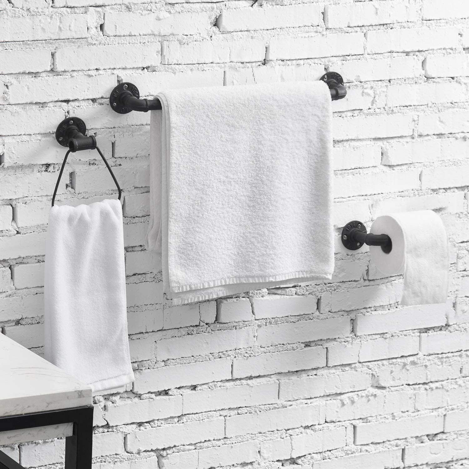MyGift 3 Piece Wall Mounted Black Metal Pipe Bathroom Accessory Set