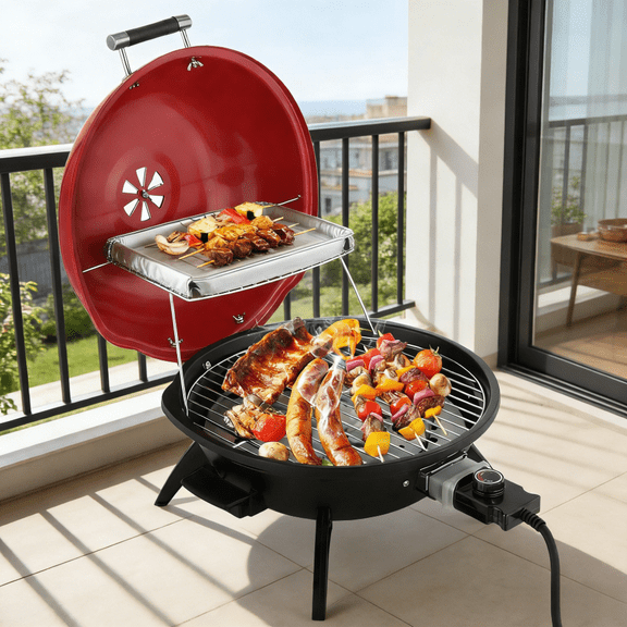 1600W Electric Grill Indoor Smokeless BBQ Grill with Warming Rack Red Portable Countertop Grill for Apartment Balcony Patio Tailgating Camping Double Layer Indoor Outdoor Electric Barbecue Grill