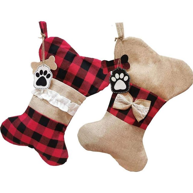 Juego de 4 medias navideñas para mascotas, de arpillera, a cuadros, para gatos, perros, calcetines colgantes para colgar en la chimenea, decoración navideña para el árbol