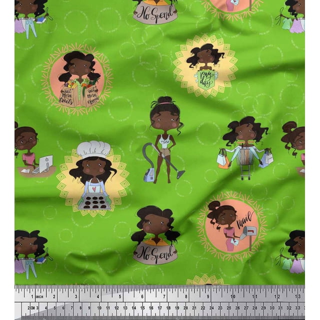 Soimoi Green Modal Satin Fabric Circle,Cook & Working Girl Decor Fabric Printed Yard 42 Inch Wide