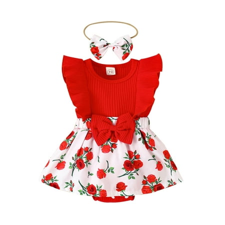 

aturustex 0-18 Months Infant Baby Girls Romper Dress Fly Sleeve Crew Neck Floral Romper with Bowknot Headband Baby Outfit