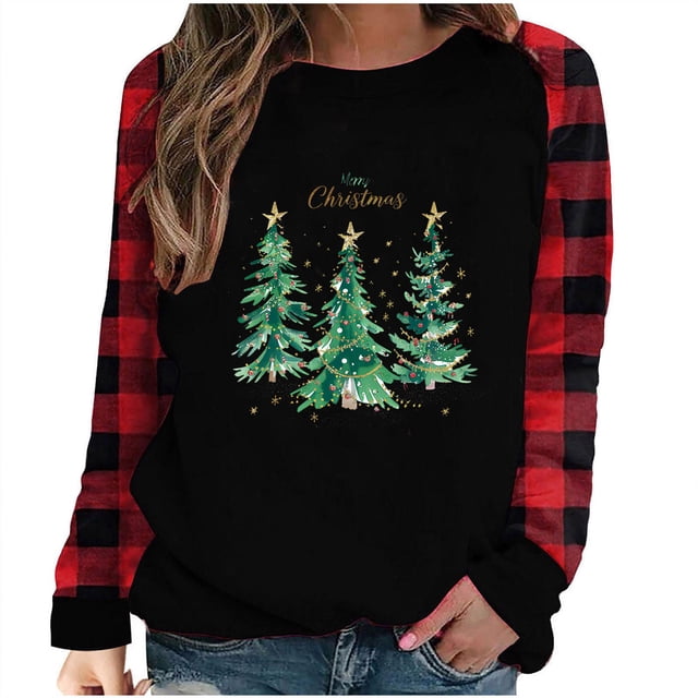 Liquidation Staron T-Shirt de Noël pour Femme Col Rond Chandails Xmas Imprimé Renne Col Rond T-Shirt T-Shirt Baseball T-Shirts Graphiques Hauts Chic Décontracté Hauts Fluides Rouge TG