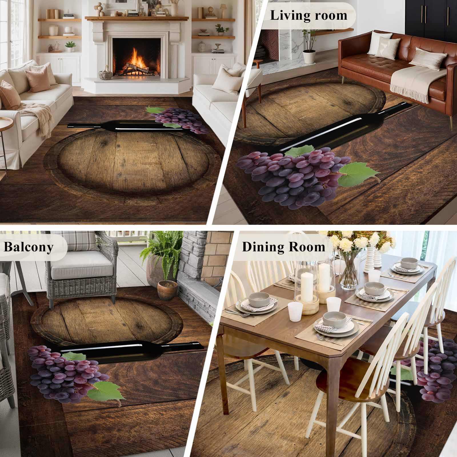 Red Wine Area Rugs 6'x9', Washable Small Throw Rugs for Kitchen Dining room, Grapes Farmhouse Wooden Grain Country Indoor Outdoor Rug Non-Slip Low Pile Carpet Runner Reversible Floor Mats