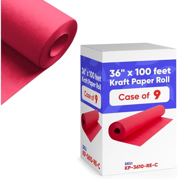 Paclord 36" x 1200" (100 ft) Red Kraft Paper (Case of 9 Rolls), 45 lbs Thickness, Kraft Paper for School, Art Colored Paper, Gift Wrapping Paper, Packing Paper for Moving