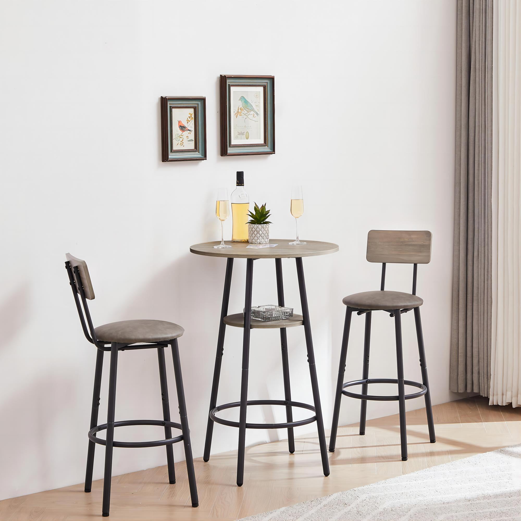 DEALTOPS Round bar stool set with shelf, upholstered stool with backrest-Grey