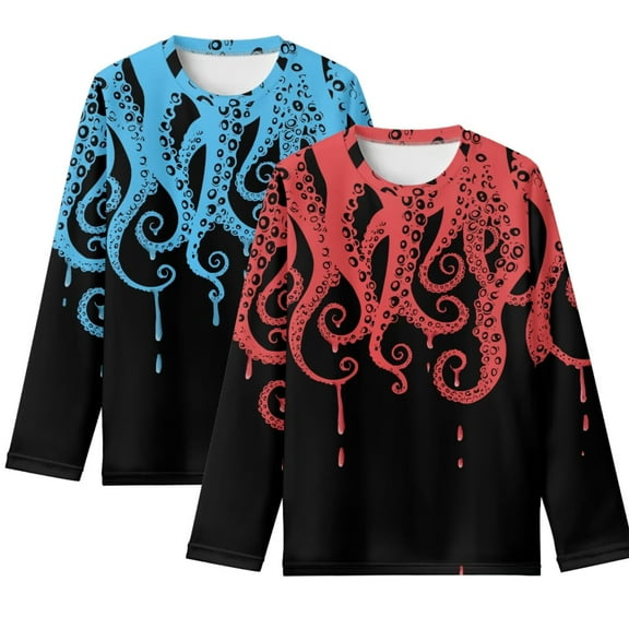FUIALDOLG Octopus Kids Boys T Shirts Casual Long Sleeve Blue and Red Tops 2 Pack Round Neck Soft Loose Basic Tees 7-8 Years