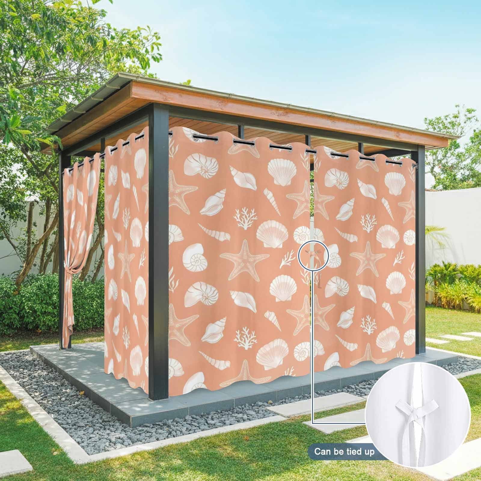 Marine Life Outdoor Curtains for Patio, White Starfish Shell Conch Coral Gradient Orange Sunshade Privacy Drapes Grommet Waterproof Outside Curtains for Porch/Cabana/Balcony 54"x 108", 1 Panel