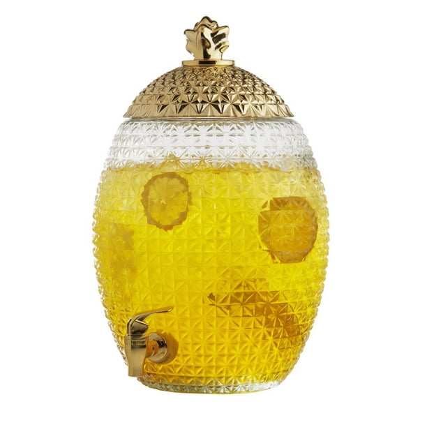 Brilliant Large Pineapple Glass Beverage Dispenser with Gold Lid and