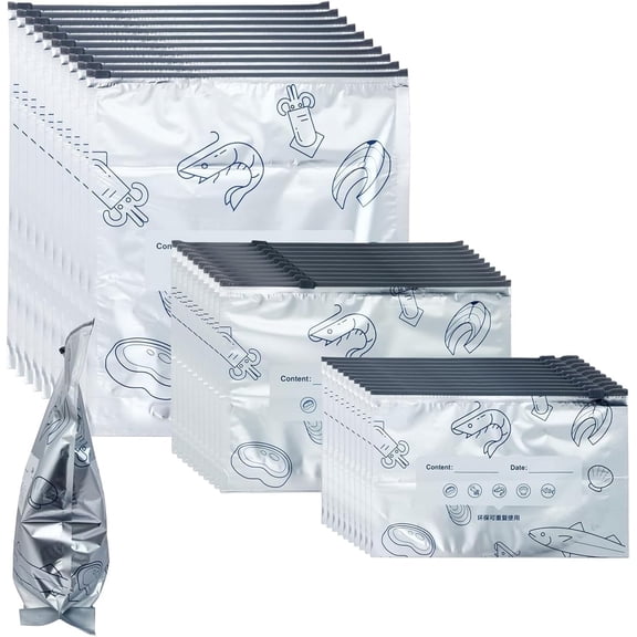 40-pack reusable aluminum foil freezer bags, resealable stand-up zipper storage bags, suitable for food, meal preparation, and kitchen supplies. Available in 3 sizes in mixed packs.