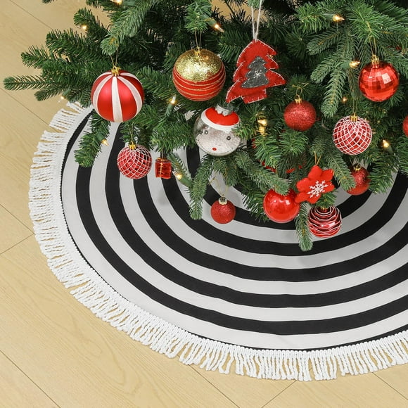 Lewondr Christmas Tree Skirt 36 inches Short Plush Tree Skirt for Christmas Day Large Cozy Christmas Tree Skirt Circular Ring Christmas Tree Decoration for Home Decor Party Shop Black & White