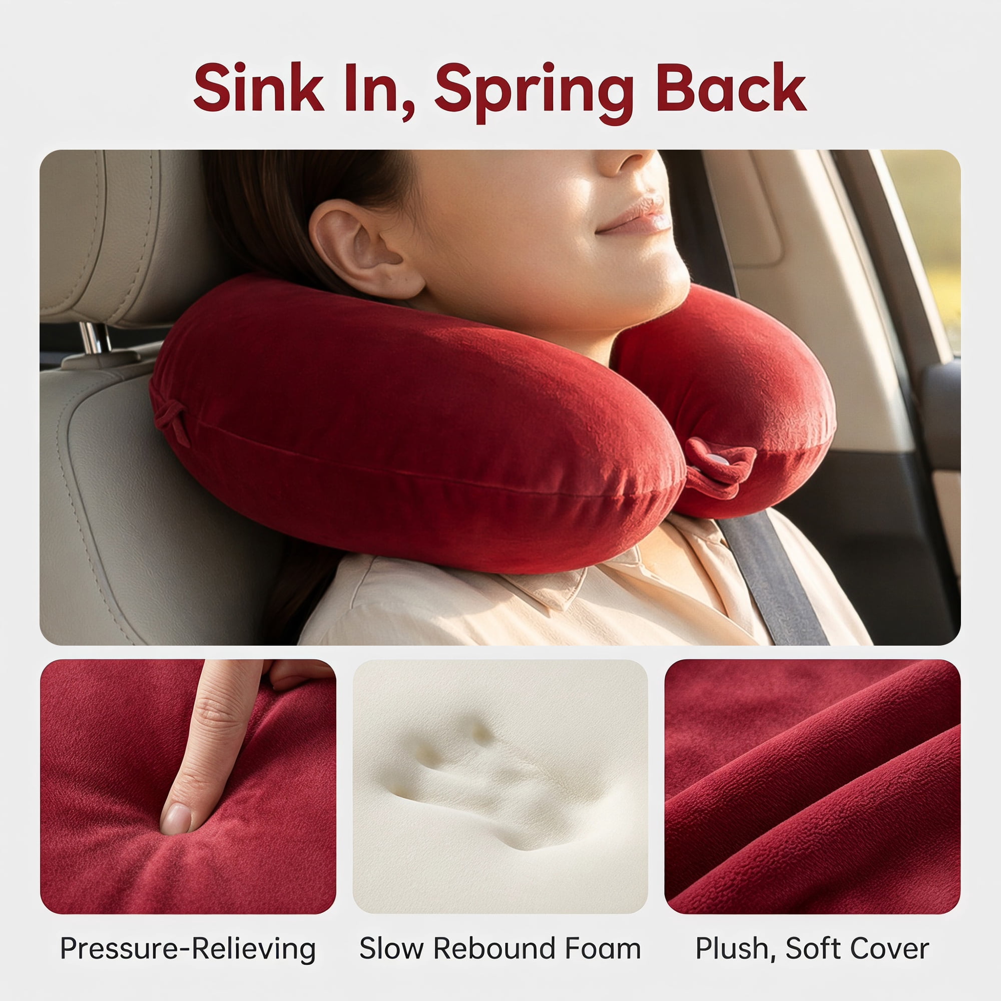 Unique Bargains Memory Foam Travel U Shape Neck Pillow Snap Closure Wine Red 12"x12"x4"