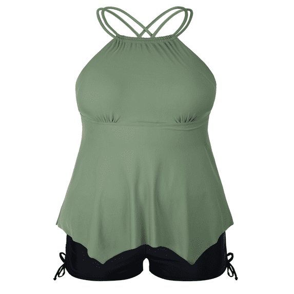Firpearl Plus Size Tankini Swimsuits for Women Flowy High Neck Bathing Suit Top with Shorts Cross Back 2 Piece Swimwear