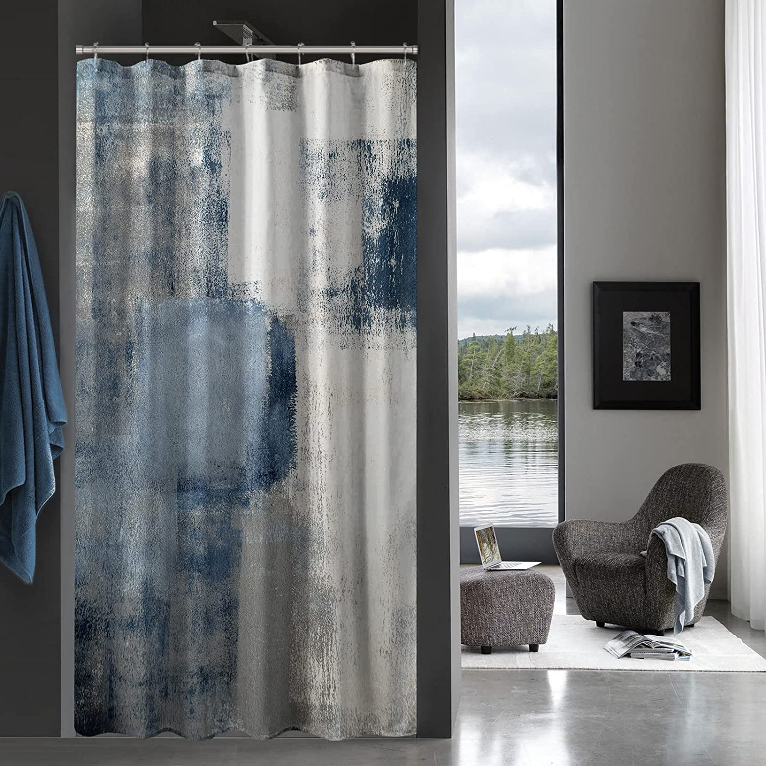 Small Stall Shower Curtain 36 x 72, Navy Half Size Shower Curtain, Grey Abstract Narrow Shower