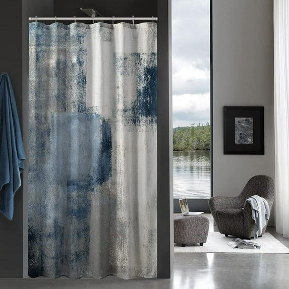Small Stall Shower Curtain 36 x 72, Navy Half Size Shower Curtain, Grey Abstract Narrow Shower Curtain for Bathroom Decor, White Grunge Style Fabric 36 inch Shower Curtain Set