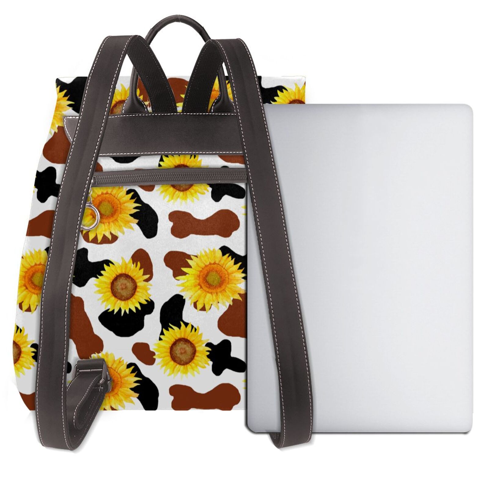 Xecao Sunflower Cow Print Large Backpack Soft Leather for Women Travel with Compartment, Adjustable Convertible Strap