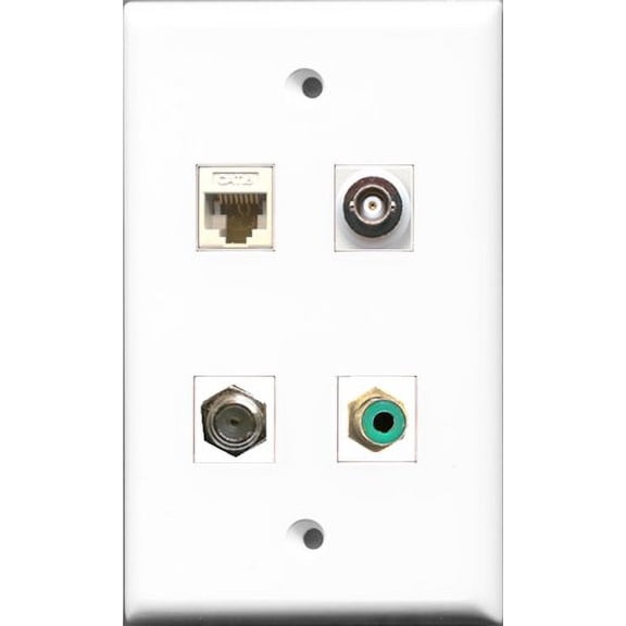 RiteAV 1 Port RCA Green and 1 Port Coax Cable TV- F-Type and 1 Port BNC and 1 Port Cat6 Ethernet White Wall Plate