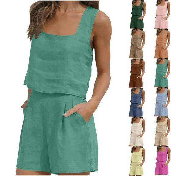 FRSASU Women 2 Piece Sets Summer Sleeveless Square Neck Crop Tank Top Elastic Waist Shorts Casual Suit Yellow