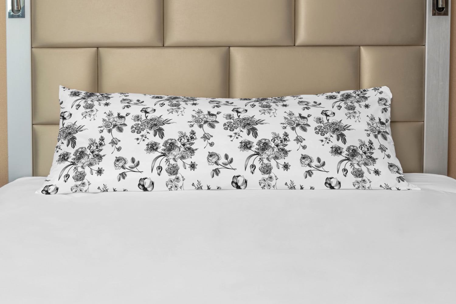 Black and White Body Pillow Case Cover with Zipper, Vintage Floral