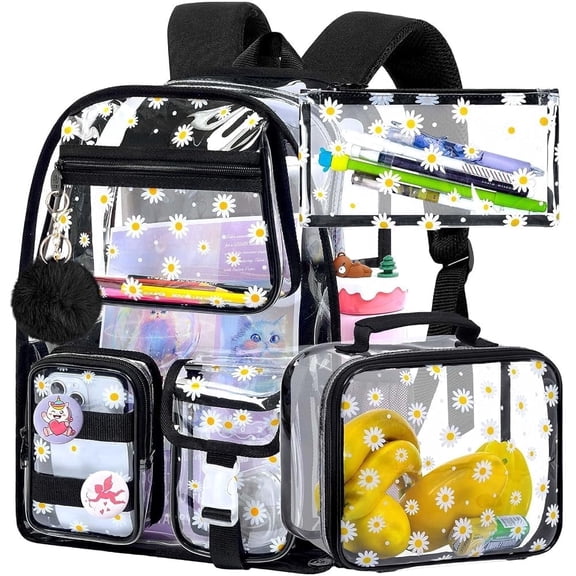 3Pcs Clear Backpack for Girls, School Transparent Bookbag, Heavy Duty See Through Backpacks for Teens Elementary