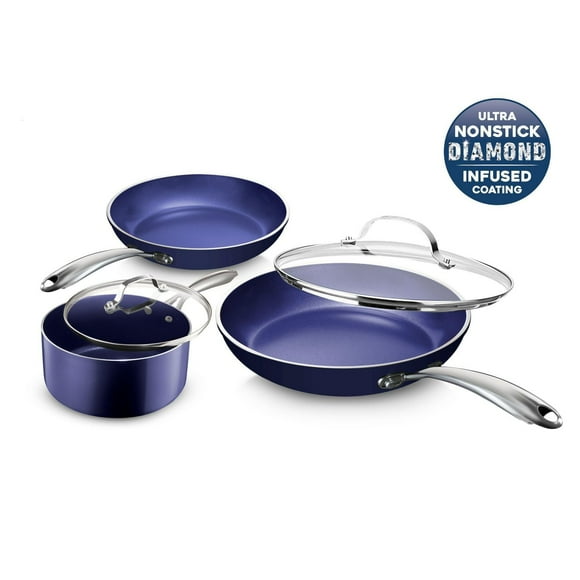 GraniteStone Bleu Ensemble de casseroles et poêles Ensemble de batterie de cuisine de 5 pièces avec surface à triple revêtement minéral et diamant durable ultra antiadhésif, poignées en acier inoxydab