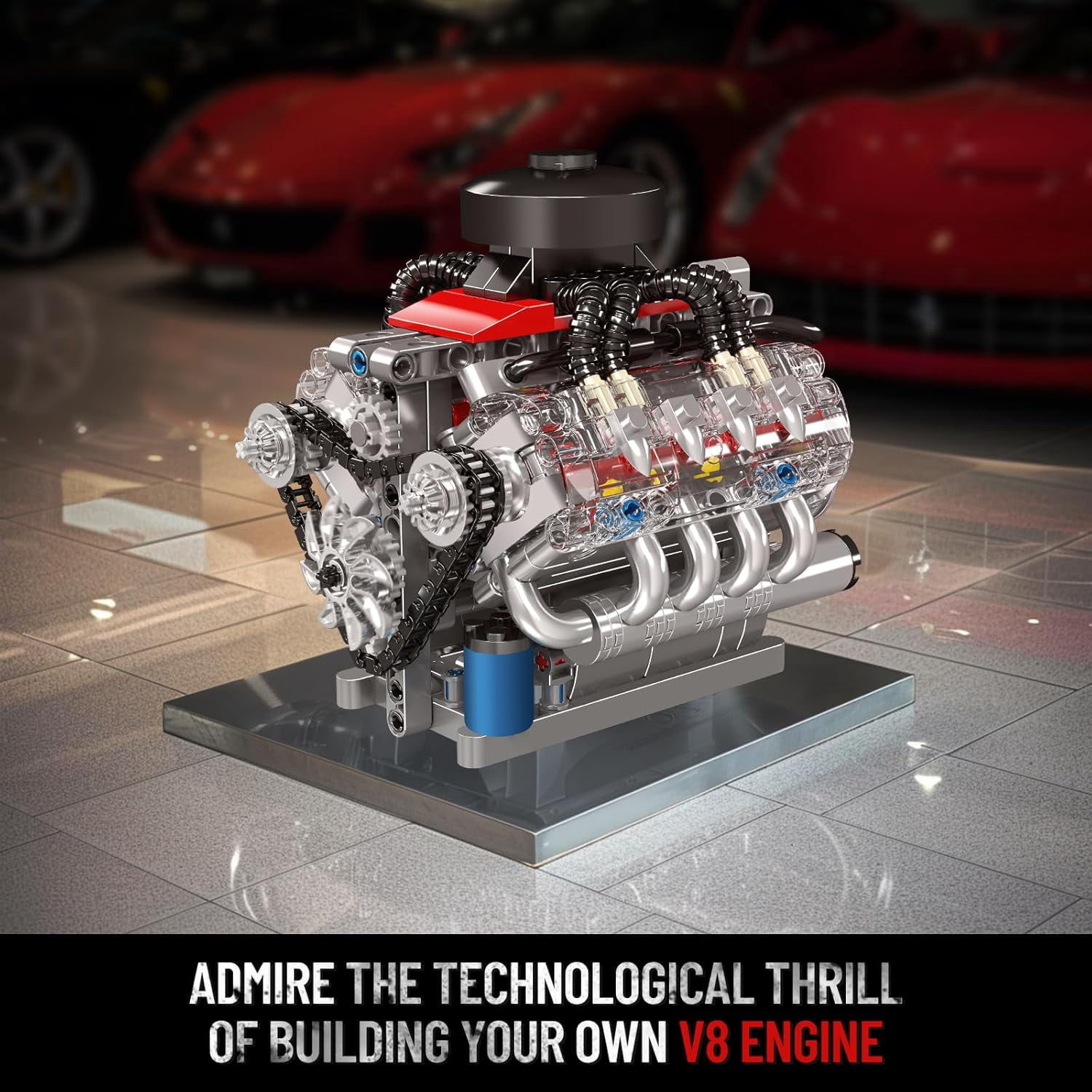Mould King 10171 V8 Engine Building Blocks Sets, V8 Engine Model kit That Run, Build Your Own STEM Model Engine, 8-Cylinder Car Engine Building Engineering Toys  Collections(487+PCS)