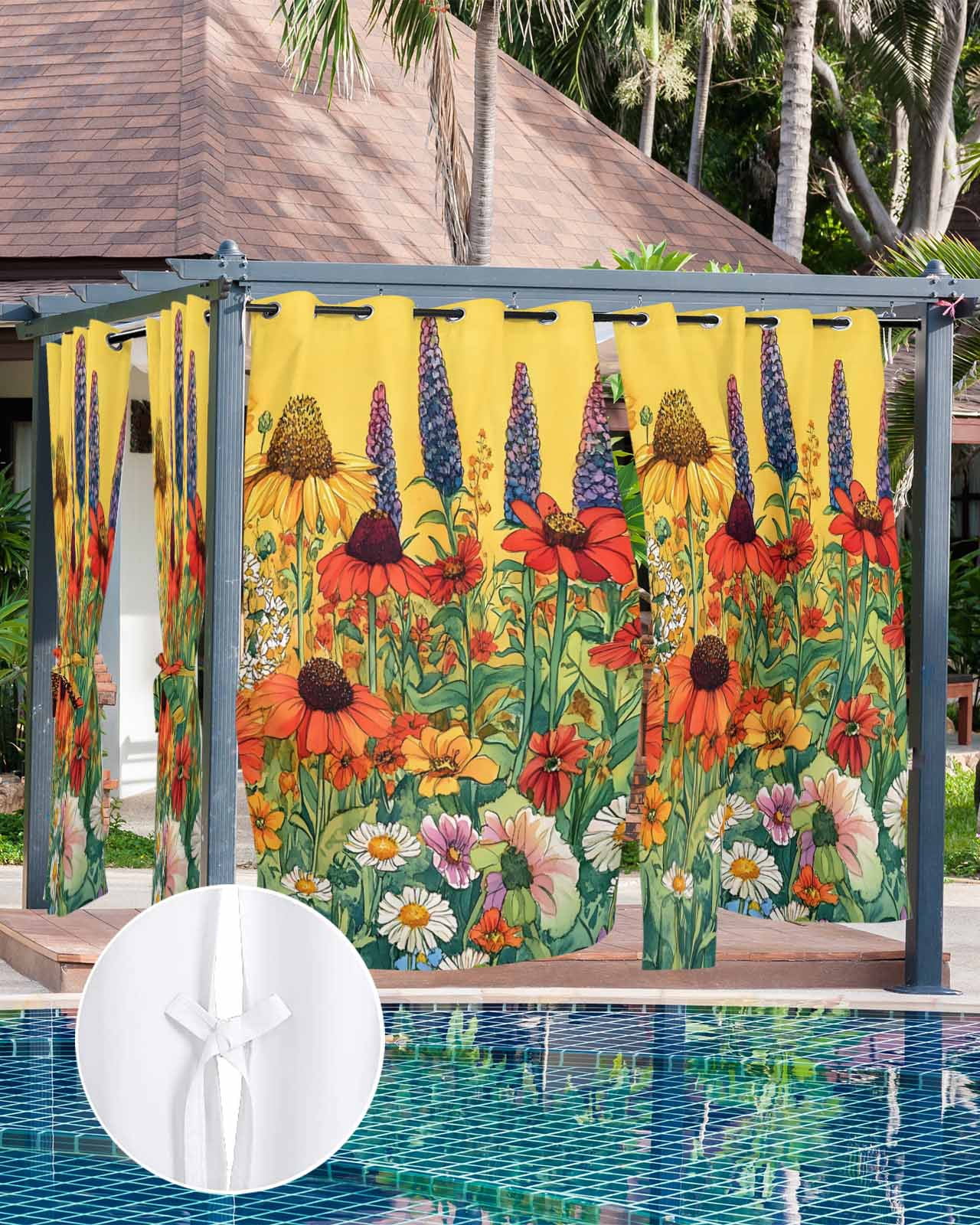 nqOlkjepod Outdoor Curtains for Patio Waterproof, Vintage Sunflowers Botanical Outdoor Privacy Panels Grommet, Colorful Floral Daisy Blackout Outside Curtains for Porch/Cabana 54"x84", 2 Panels