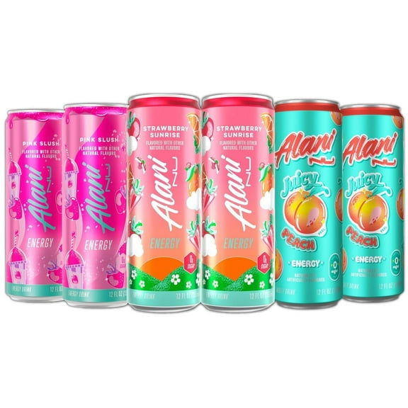 Alani Nu Energy Drinks Strawberry Sunrise, Pink Slush, Juicy Peach Flavors Variety Pack Sugar-Free, Low-Calorie, 200mg Caffeine, 12 fl oz (Pack of 6)