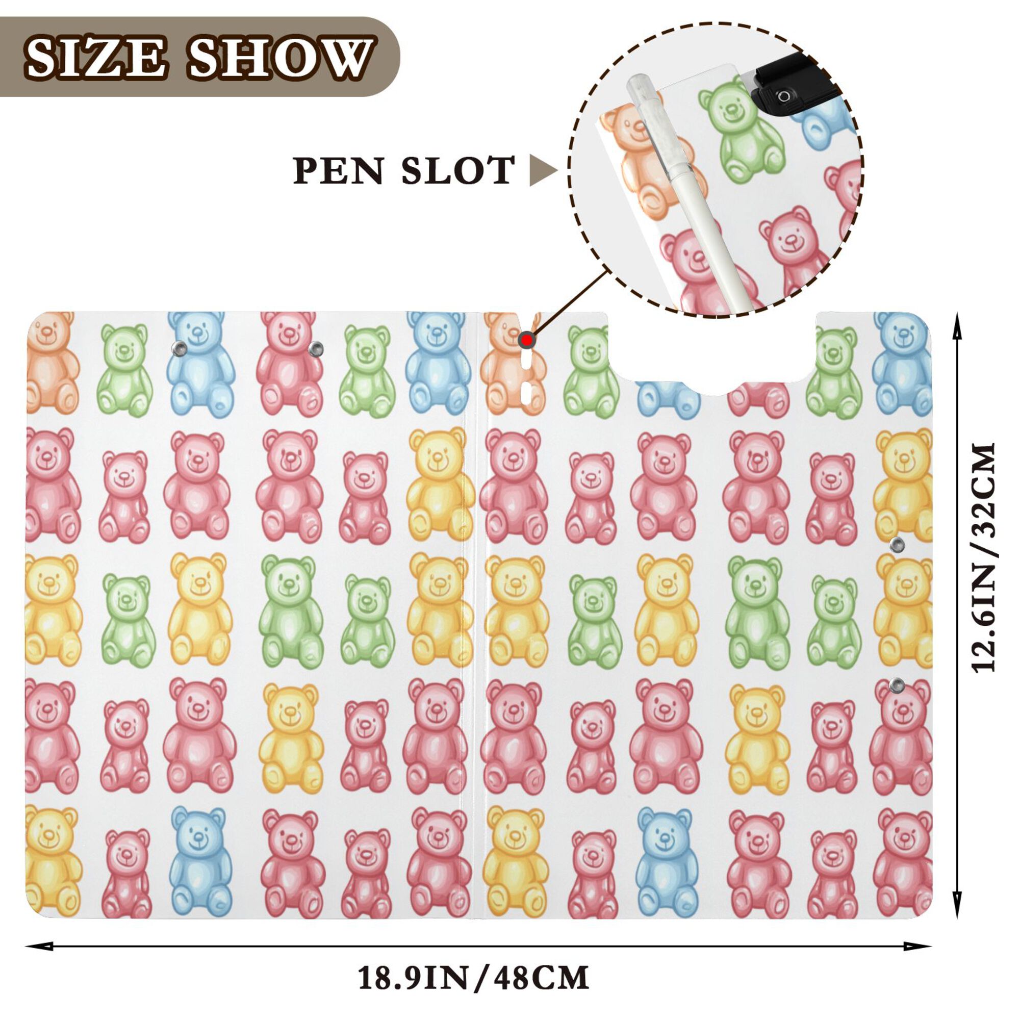 FORMRS A4 Clipboard Folder with Pen Holder Horizontal Foldable School Office Binder, Gummy Bear Pattern