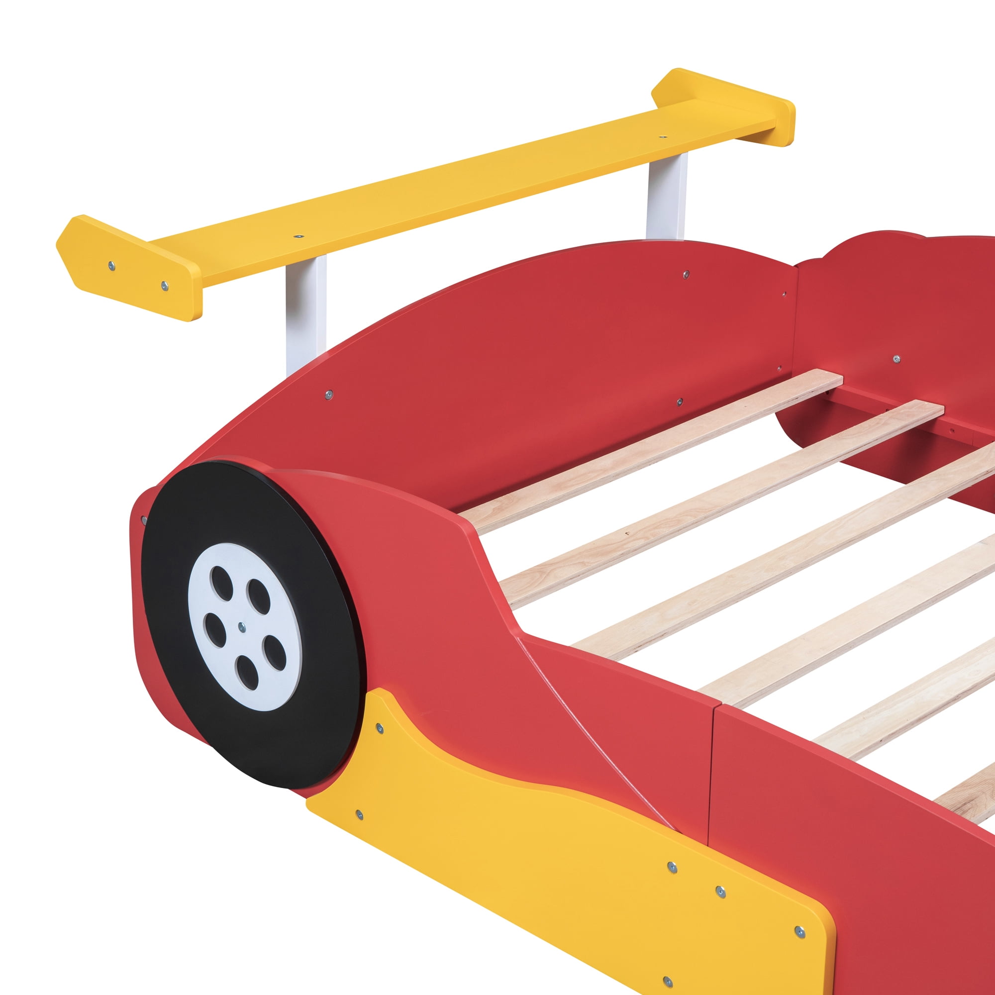 Kumix Full Size Race Car-Shaped Platform Bed with Shelves and Wheels, Wooden Platform Bed for Boys and Girls, Car-Shaped Floor Bed Frame for Bedroom, Full Size Floor Bed, Red