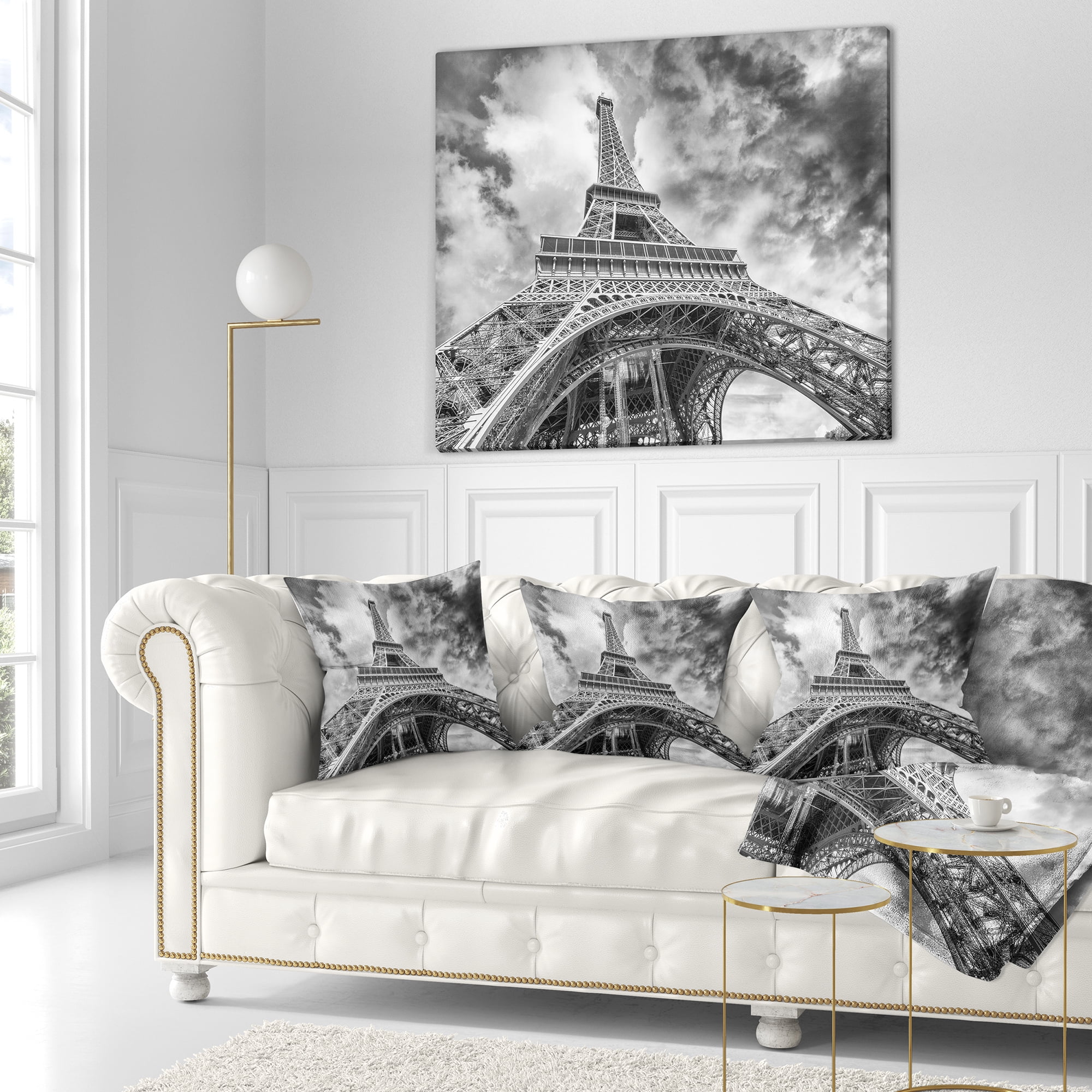 Designart Black and White View of Paris Paris Eiffel Tower - Cityscape Throw Pillow - 18x18