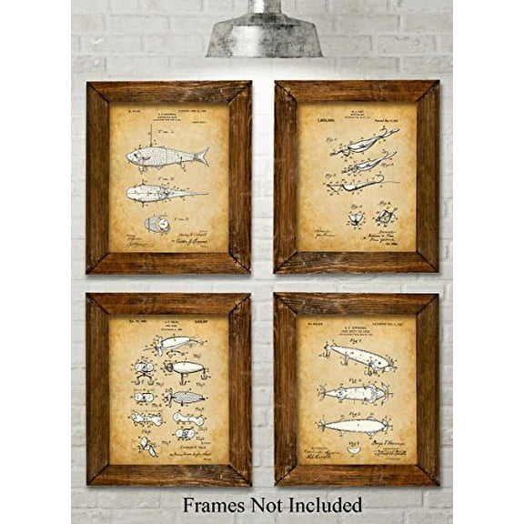 Original Fishing Lures Patent Art Prints - Set of Four Photos (8x10) Unframed - Great Gift for Fisherman