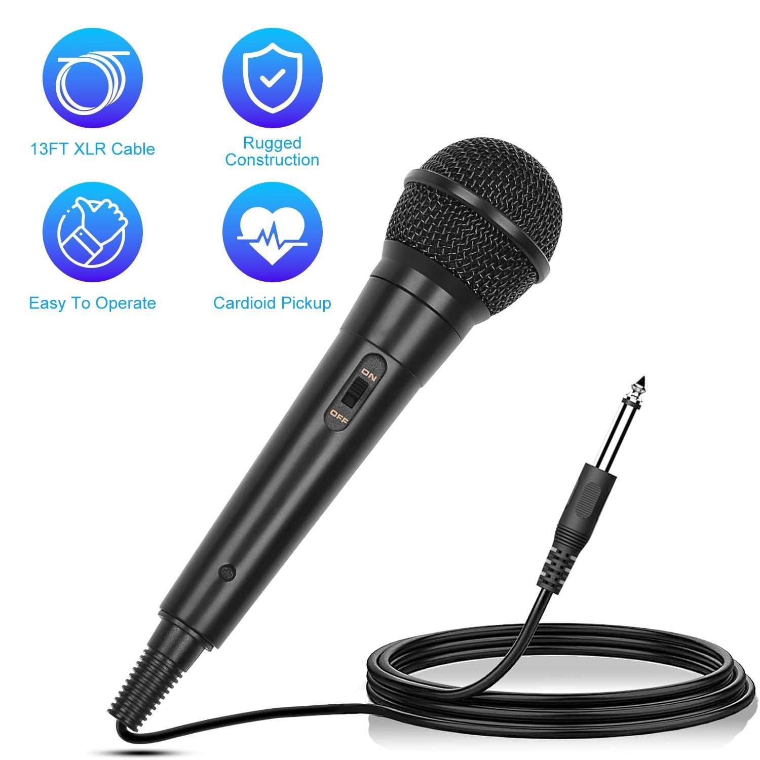 Handheld Wired Microphone Cardioid Dynamic Vocal Mic with On/Off Switch 13ft Cable 6.35 mm Jack for Speaker Karaoke Ampilifier Mixer Professional Studio & Live Performance