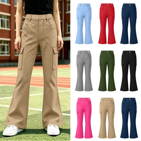 Fancifize Girls Flare Leg Cargo Pants, School Uniform Flat Button Pants for Teens, Cozy Bell Bottom Trouser with Pockets 5-15 Years