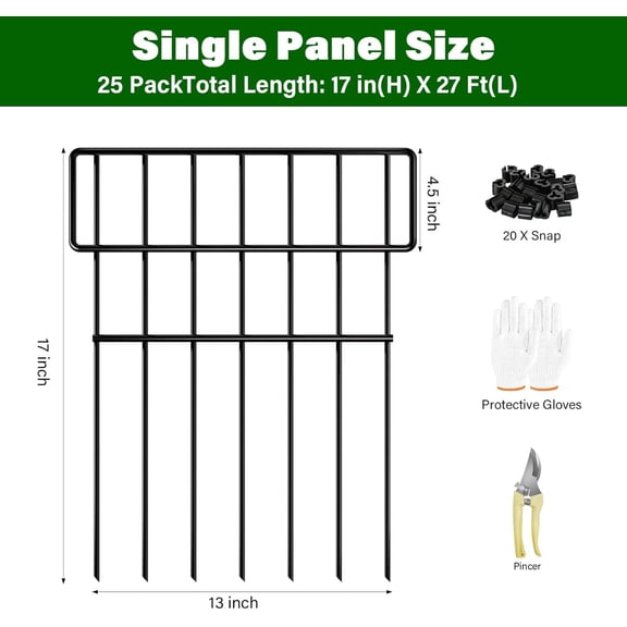 25 Panels No Dig Animal Barrier Fence – 17" H x 20.6 Ft L Rustproof Metal Garden Fence Border, Outdoor Dog & Rabbit Fence to Stop Digging Underneath, Small Pet Fencing for Yard, Lawn & Flower Beds