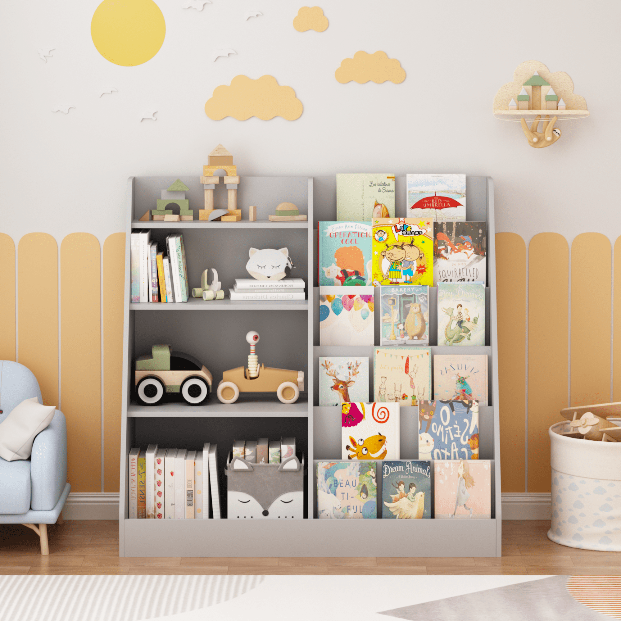 Kids Bookshelf and Toy Storage Organizer, Multifunctional 4 Tier Wooden Kids Book Shelf with Bookcase Display Stand in Kids Room Playroom Nursery for Kids, Children, Toddlers (Gray)