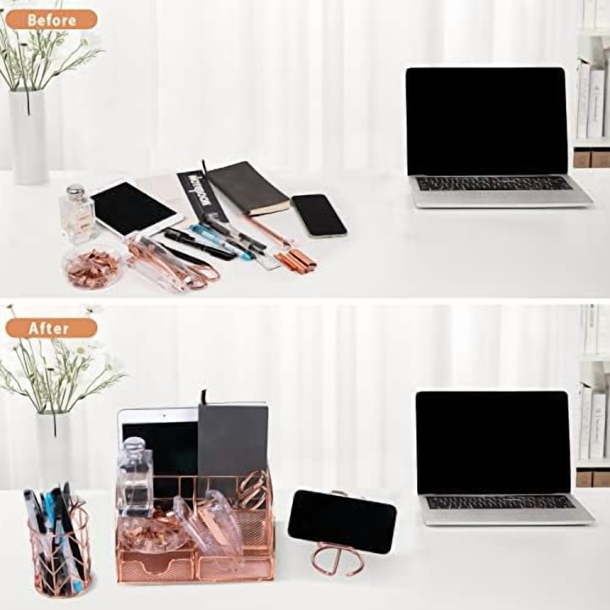 YNGLLC Rose Gold Desk Organizers and Accessories Office Supplies Set Stapler, Pen Holder, Phone Holder, Scissors, Pen, Ruler, 30 Paper Clips, 22 Binder Clip, 20 Tacks and 1000pcs Staples