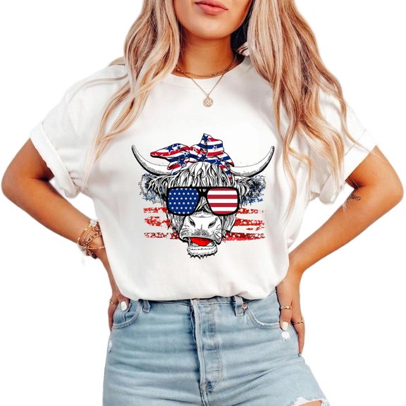 Womens Patriotic Cow Print T American Cow Graphic Tees Short Sleeve Casual 4th of July Design Pattern Loose Tops for Daily Outfits White Vacation,XL