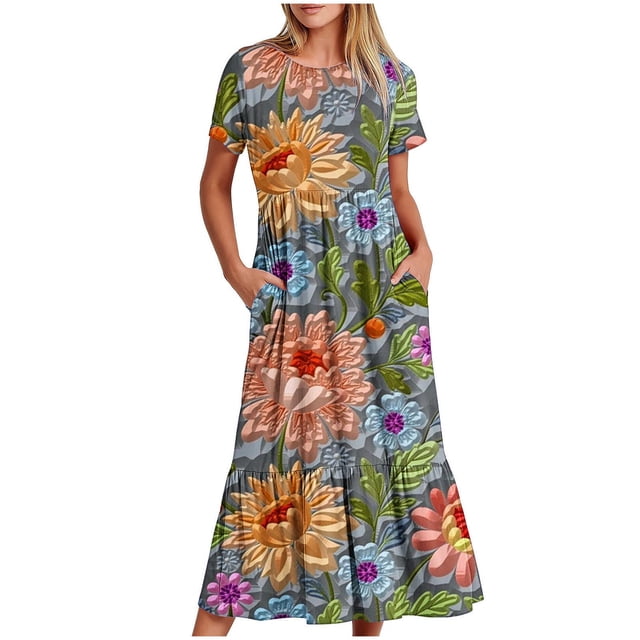 Dvkptbk Robes d'Été pour Femmes 2024 Mode Décontractée Bohème à Fleurs Robes de Plage Manches Courtes Col Rond Robe d'Été Fluide Maxi Robe de Plage Longue Robe Midi de Plage avec Poches P-2TG