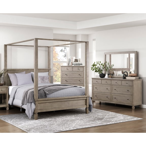4-piece Furniture Bedroom Set King Size Platform Bed Dresser Mirror Chest Gray Oak Finish