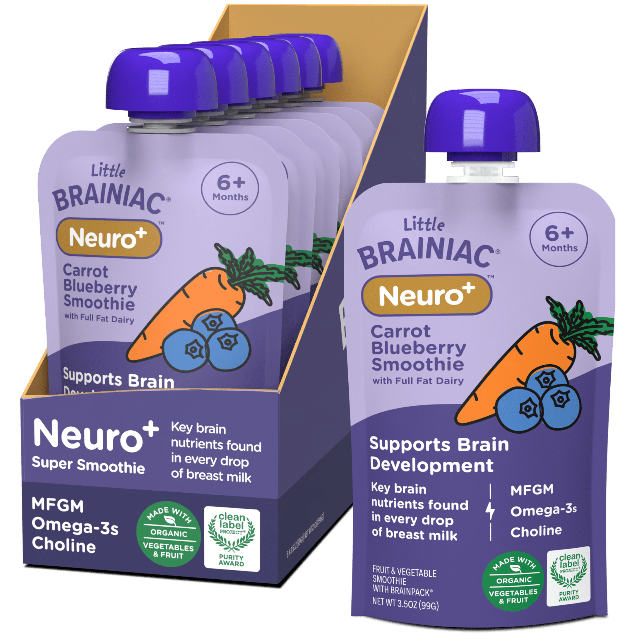 Little Brainiac Neuro+ Smoothie Baby Food Pouch with Omega-3s, Blueberry Carrot, 3.5oz, 6ct