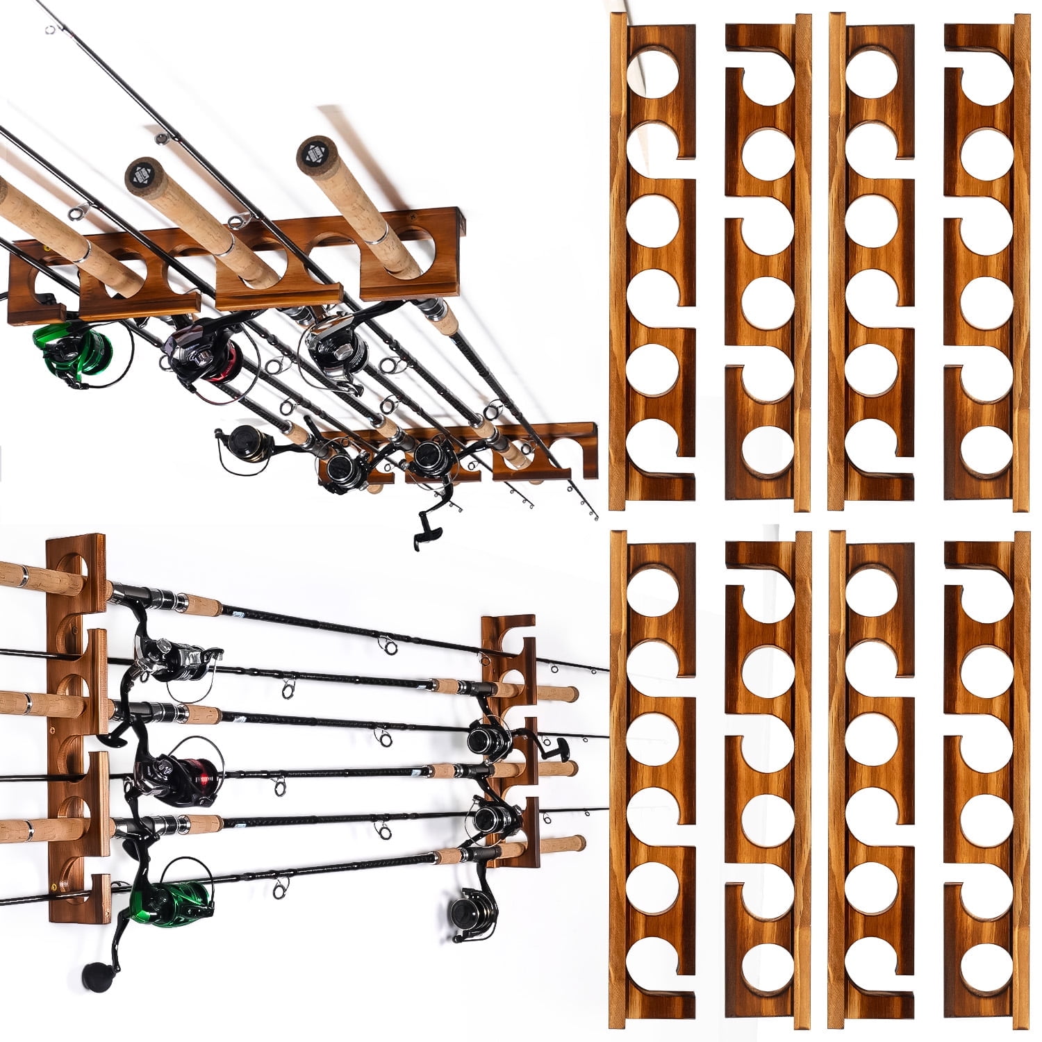 12 rod fishing pole rack for wall or ceiling PLUSINNO H5W Horizontal Rod/Pole Holders Garage, Mounted Rack, Solid Wood Fishing Holder Holds up to 5/10/20 Rods or Combos Fishing Gear, Gifts for Men Ghosthorn Rod Rack can hold up to 12 rods or combos and can stores more in the same space than other brands Homydom Fishing Rod/Pole Ceiling/Wall Storage
