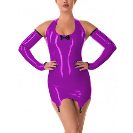 Women Sexy Halter Sleeveless Dress PVC Leather Bodycon Dress with Garter Clips Gloves Lingerie Mini Dress