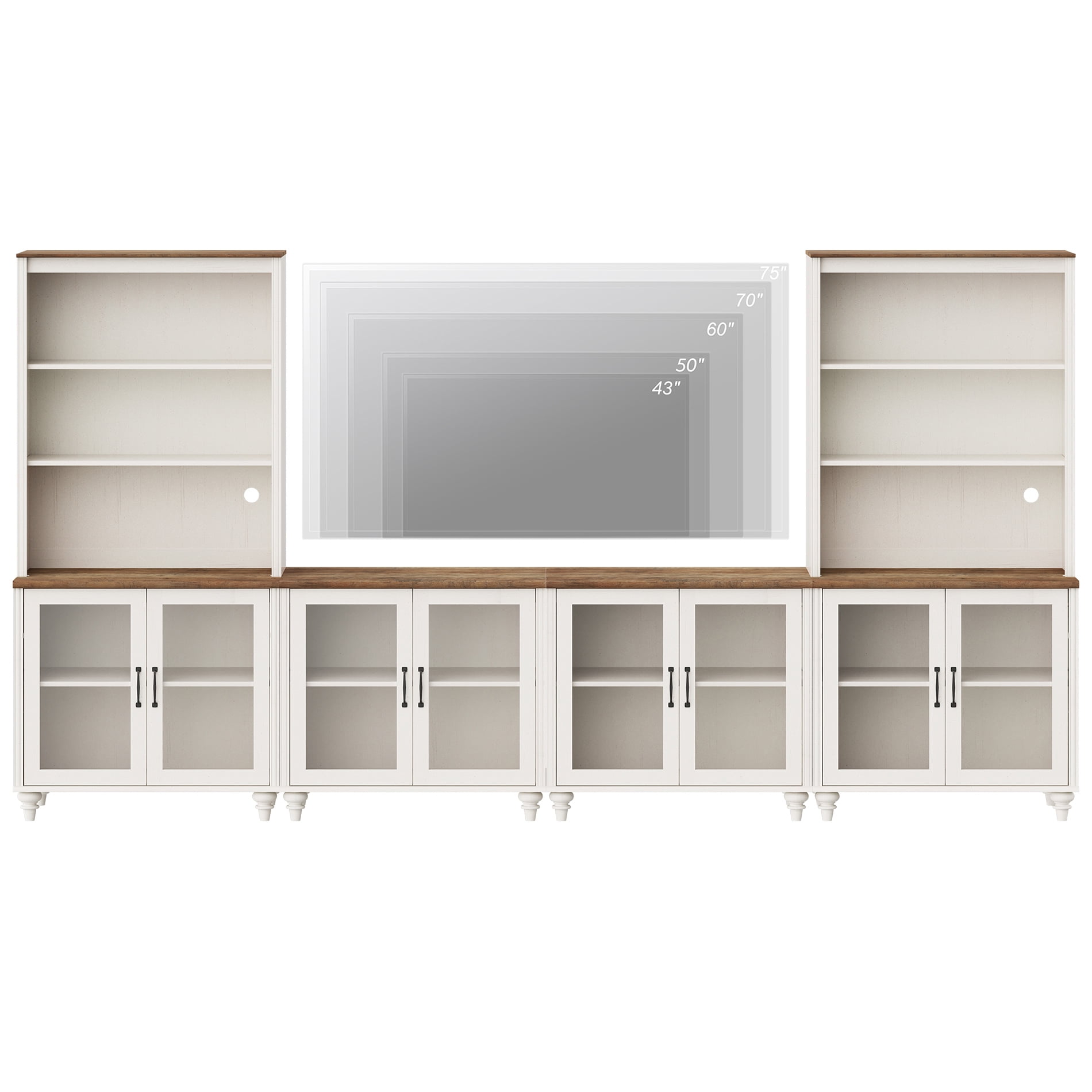 Entertainment Center with Bookshelves for TVs up to 75", Farmhouse Wall Unit TV Stand with Glass Doors, Media Console Table for Living Room, Bedroom & Home Theater, White
