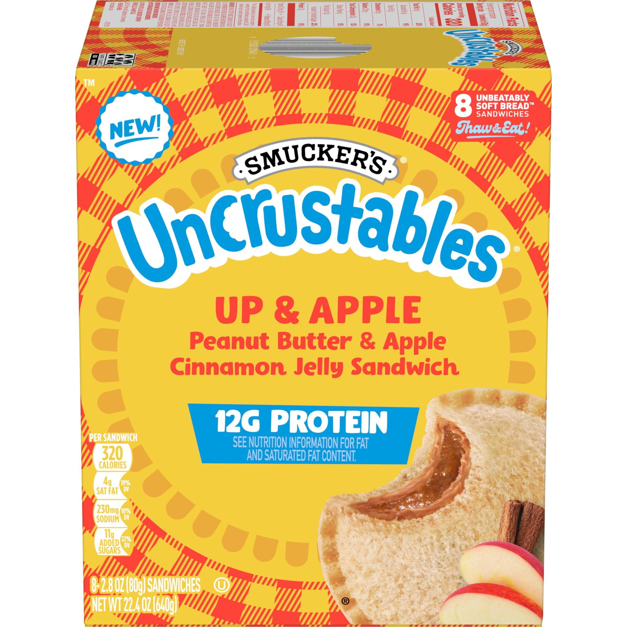Smucker’s Uncrustables Up & Apple Morning Protein Snacks, Peanut Butter & Apple Cinnamon Jelly Sandwiches on Wheat Bread, 8 Count, 2.8 oz Each (Frozen)