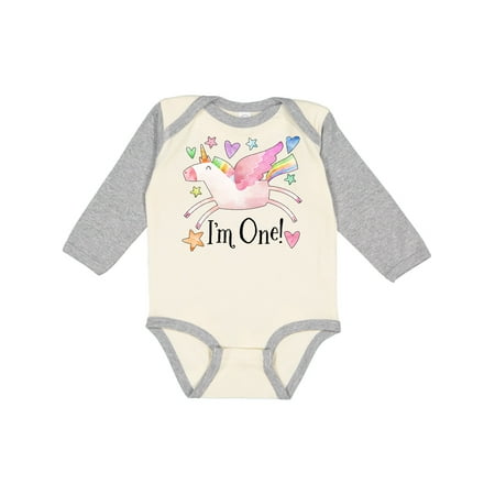 

Inktastic I m 1 Cute Rainbow Unicorn with Stars and Hearts Gift Baby Boy or Baby Girl Long Sleeve Bodysuit