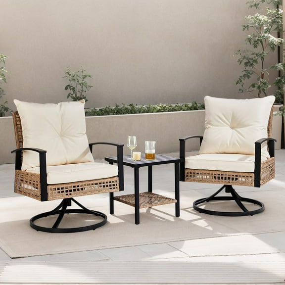 VINGLI 3 Pieces Outdoor Swivel Rocker Patio Chairs, Wicker Patio Bistro Set with 2 Rocking Chairs and 1 Coffee Table, Patio Furniture Set with Thickened Cushions for Porch Backyard Poolside