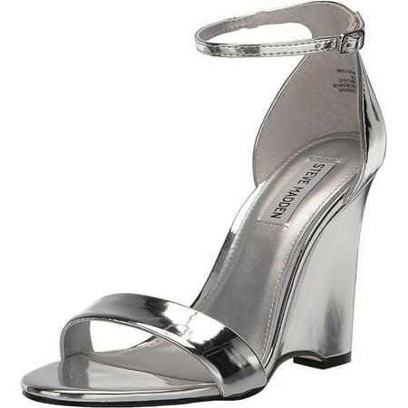 

Steve Madden Mallor Silver Ankle Strap Rounded Open Toe Wedge Heeled Sandals (Silver 10)